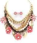Chunky Layered Chains Pink Flowers Beads Statement Bib Necklace and 