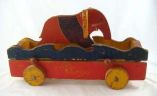   1930s Wooden Toy Kraft Co. Studios Push Red Blue Elephant Cart  