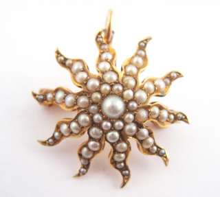 Antique 19c Victorian 14k Gold Seed Pearl Sunburst Pin Brooch Necklace 