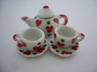 Set of 51 Green Red Heart Coffee Cup&Scalloped Plate&Teapot Dollhouse 