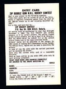 1962 63 Parkhurst Tally Zip game card NM MT  