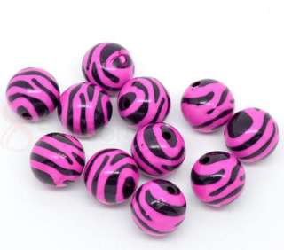 30Fuchsia Zebra Striped Acrylic Round Spacer Beads 15mm  