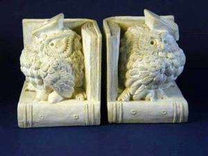 Pair Heavy Undecorated White Plaster Owl Bookends  