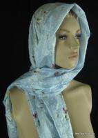 Vintage FLORAL Embroidered Silk Scarf Baby Blue B12  