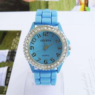 Classic Blue Geneva Silicone Rubber Quartz Crystal Sports Wrist Watch 