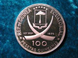 1970 Equatorial Guinea 100 Pesetas Fine Silver Coin  