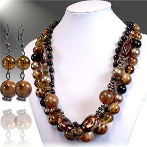 THREE STRAND MULTI BROWN LUCITE BEAD LEOPARD STYLE NECKLACE EARRING 