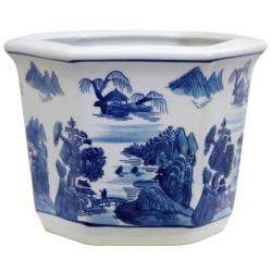Porcelain Blue and White Landscape Flower Pot (China)  