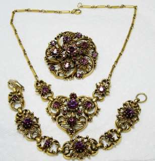 Vintage CORO Gold Tone Purple Rhinestone Necklace Bracelet, Brooch 