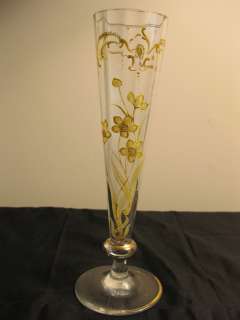 Antique 8 Optic Rib Enameled & Gold Trimmed Bud Vase Art Glass w 