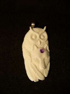 Carved Ox Bone Owl Wolf Totem Pendant With Stone Cord  