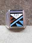 Zuni Native American Indian Multicolor Sterling Silver Inlay Mens Ring