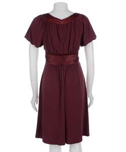 Max & Cleo Bordeaux Puff Sleeve Belted Dress  