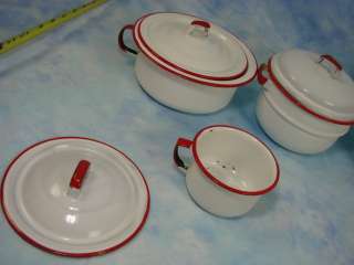   Vintage Enamel Ware Cooking Camping Baking Pots Pans White Red Gingham