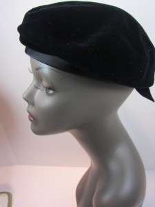 Vintage Ladies Hat 1960s Beret Black Velvet Hand Sewn Satin Ribbon 