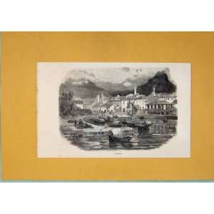   Antique Print Locarno City Town Lake Boat Switzerland
