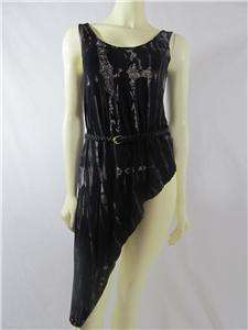New Black Sleeveless Tie Dye Print Tunic Top Belted size Small  