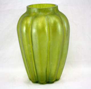 Antique Loetz Iridescent Large Green Art Glass Melon Shaped Vase 