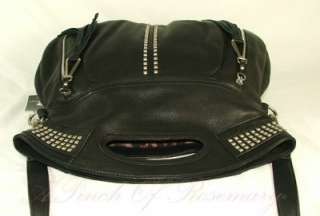 Makowsky Leather Nadia Studs Fold Over Tote Shoulder Bag Black 