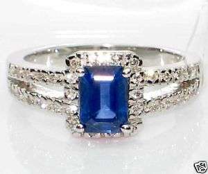 Emerald Cut Blue Sapphire & Diamond Ring 18K White Gold  