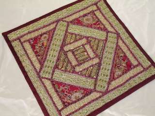 embroidery patchwork Maroon Indian Decorative Sari Toss Throw Pillow 