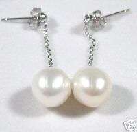 10MM Freshwater White Pearl Dangle Drop stud Earrings  