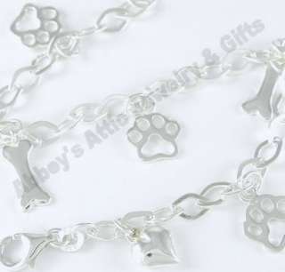 925 Sterling Silver Dog Paw Bone Puppy Charm Bracelet  