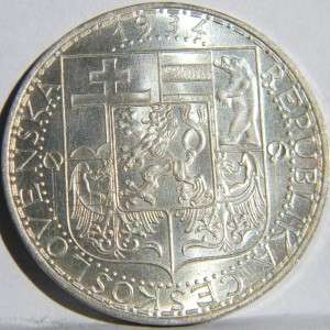CZECHOSLOVAKIA, Republic 1934 silver 20 Korun, 2 yr type last yr 