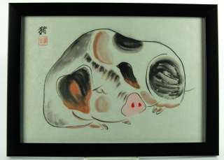 FRAMED CHINESE ZODIAC WATERCOLOR ART PIG Painting Gift  