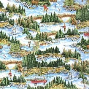  45 Wide Wilderness Lodge Fishing Sky Blue Fabric By The 