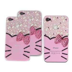 3d Crystal& Pearl Hello Kitty Pattern Case for Iphone 4&4s Pink