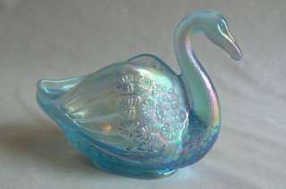 Fenton 4 Blue Carnival Swan Bowl Embossed Feathers  