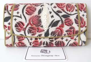 100% STINGRAY SKIN LEATHER CLUTCH TRIFOLD WALLET ROSE WHITE NEW  