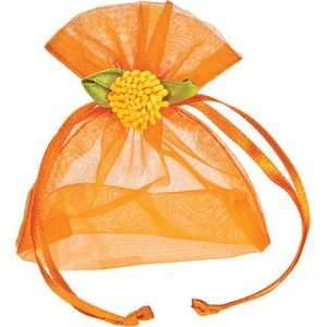   Orange Organza Gift and Favor Bag (with button flower)
