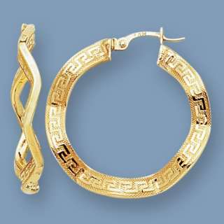 Twisted Greek Key Hoop Earrings 14K Yellow Gold 1 1/4  