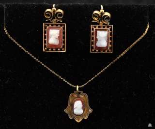 Pc Genuine Cameo Jewelry Necklace & Earrings Gold Plt  