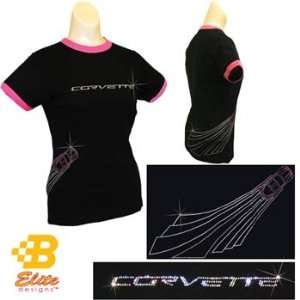   C6 Ladies Black and Pink Crystals Studs Corvette Shirt Small Sports