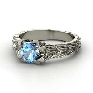 Rose and Thorn Ring, Round Blue Topaz 14K White Gold Ring 