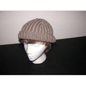  Unisex Gray and Tan Wool Hand Knit Hat 