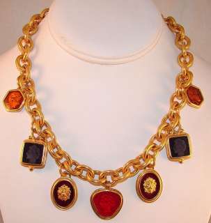   Gold Robert Rose BIG CHUNKY Enamel Cameo & Lion Charm Necklace  