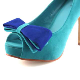 Womens Turquoise Bowknot faux suede Peep Toe Heels pumps Shoes US 6 