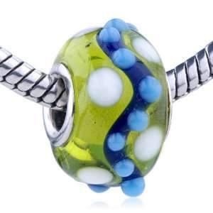 Murano Glass Bead White And Blue Texture Dot Peridot Translucent Fit 