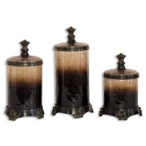   Small Canisters (Set of 3) Crushed Glass Black, Chestnut Brown/Caramel