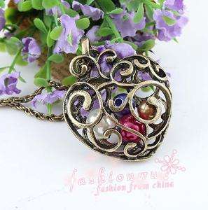 Old Bronze Plated Hollow Pearl Imitation Heart Necklace  