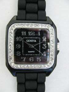 SILICONE JELLY SQUARE BLACK WATCH with RHINESTONES  