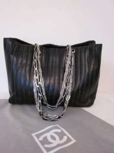 Chanel Black Grey Mademoiselle Lambskin Leather Vertical Ribbed Tote 
