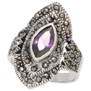  Sterling Silver Marcasite Diamond shaped Ring, w/ Marquise 