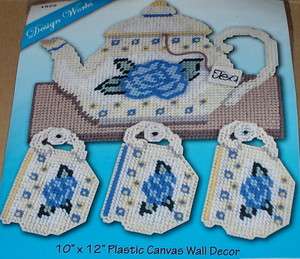 Blue Floral Teapot & Cups Plastic Canvas Kit NIP 10x12  
