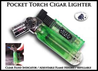 Pocket Torch Flame Cigar Lighter Green Transparent Case with Chrome