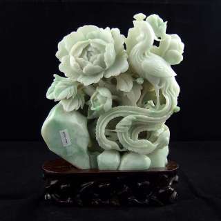 Exquisite 5lbs Jadeite Jade Vivid Peony Phoenix Statue  